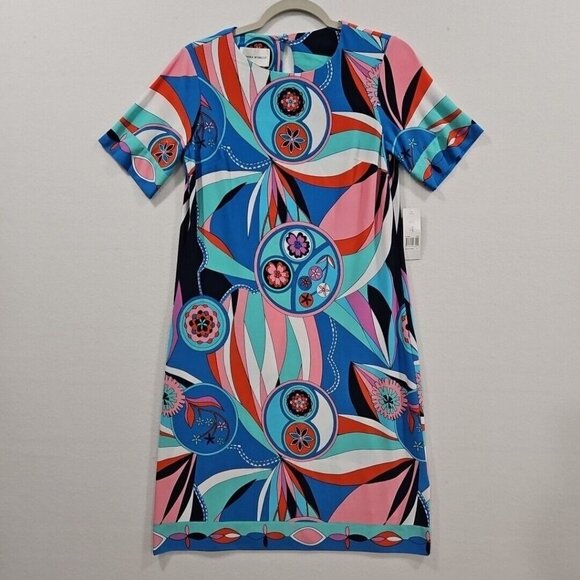 Donna Morgan Dress Size 4 Short Sleeve Jersey Shift Dress Geometric‎ Blue Pink - Picture 1 of 10